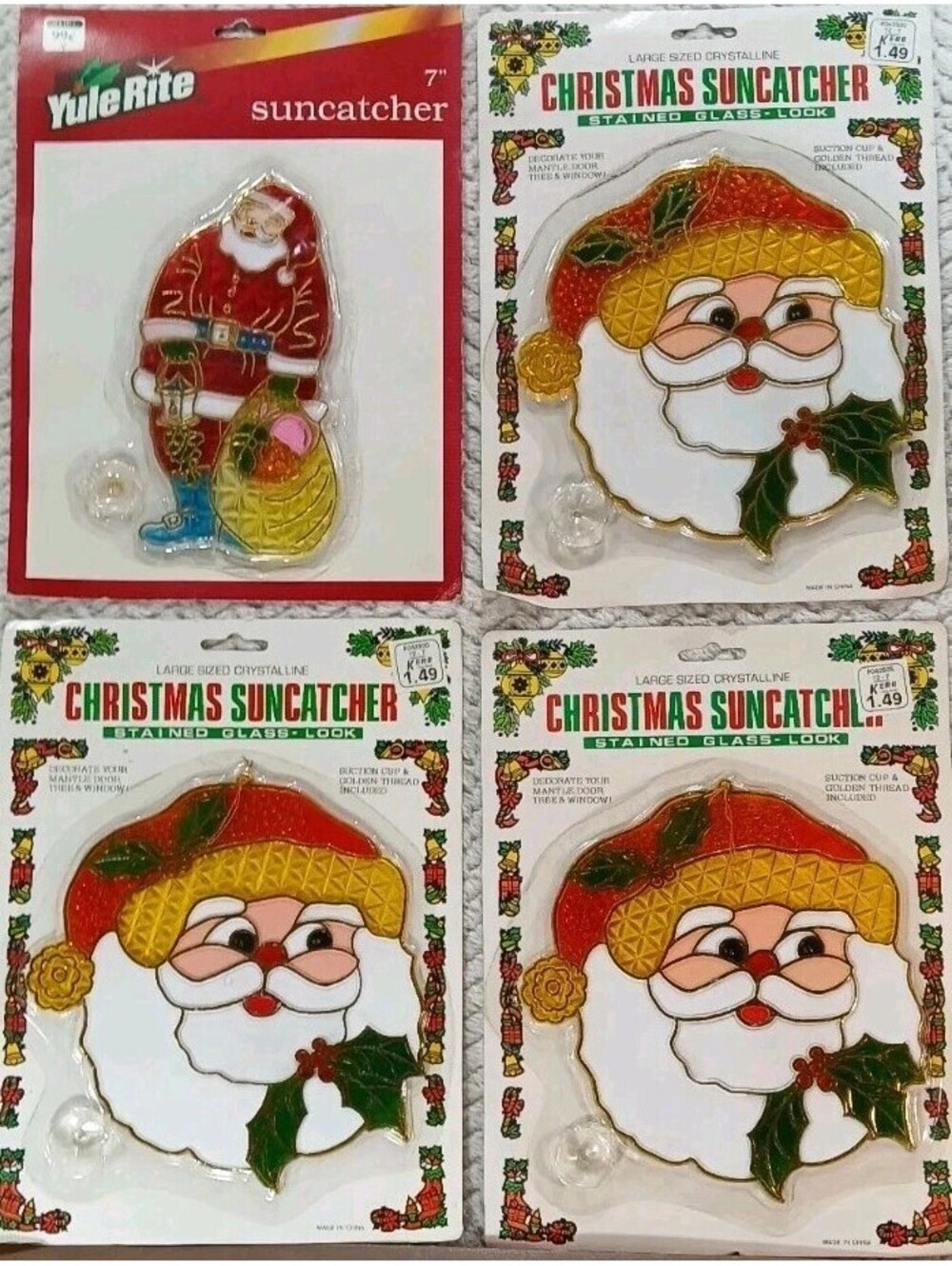 4 - Vintage Crystalline Large Christmas SunCatchers Santas w/Suction Cups NIB